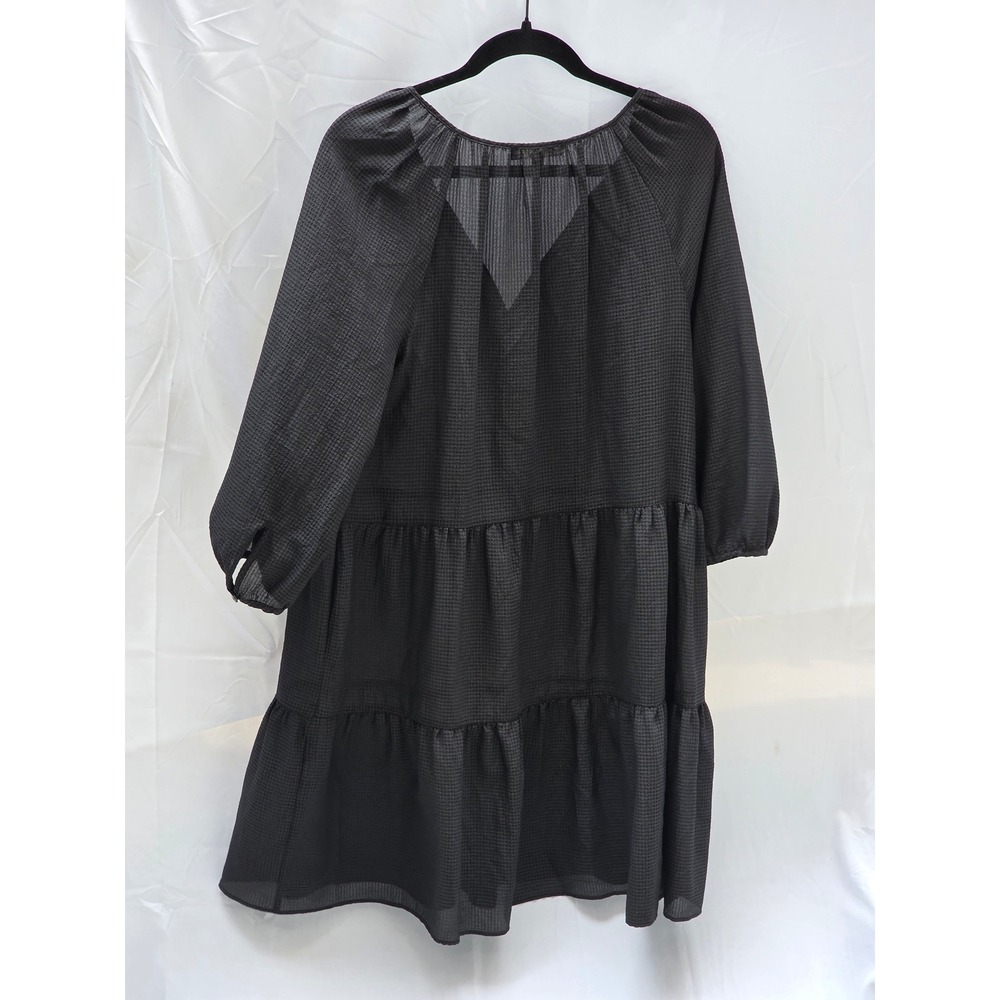 Banana Republic Black Tiered Mini Dress V-Neck Tie 3/4 Sleeve Textured XS - Picture 2 of 8